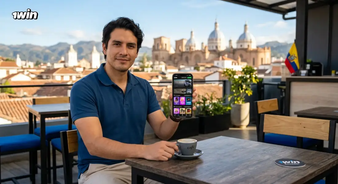 Hombre en una cafetería con vista a las cúpulas azules de Cuenca que muestra la app de 1win en su celular, junto a la bandera de Ecuador