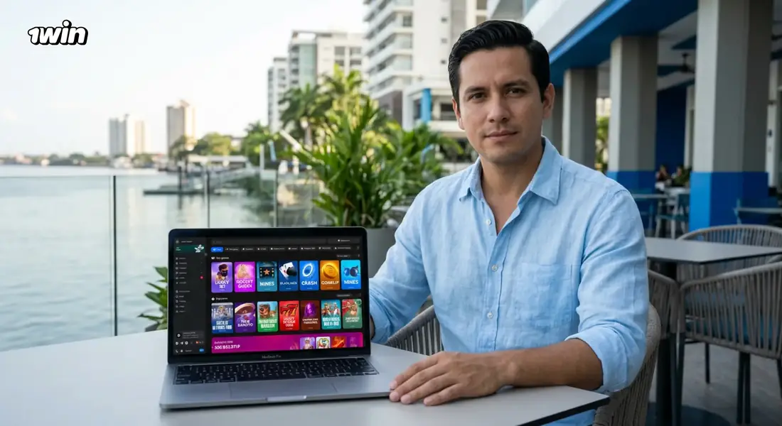 Hombre junto a un malecón ecuatoriano con la línea de apuestas de 1win abierta en su laptop