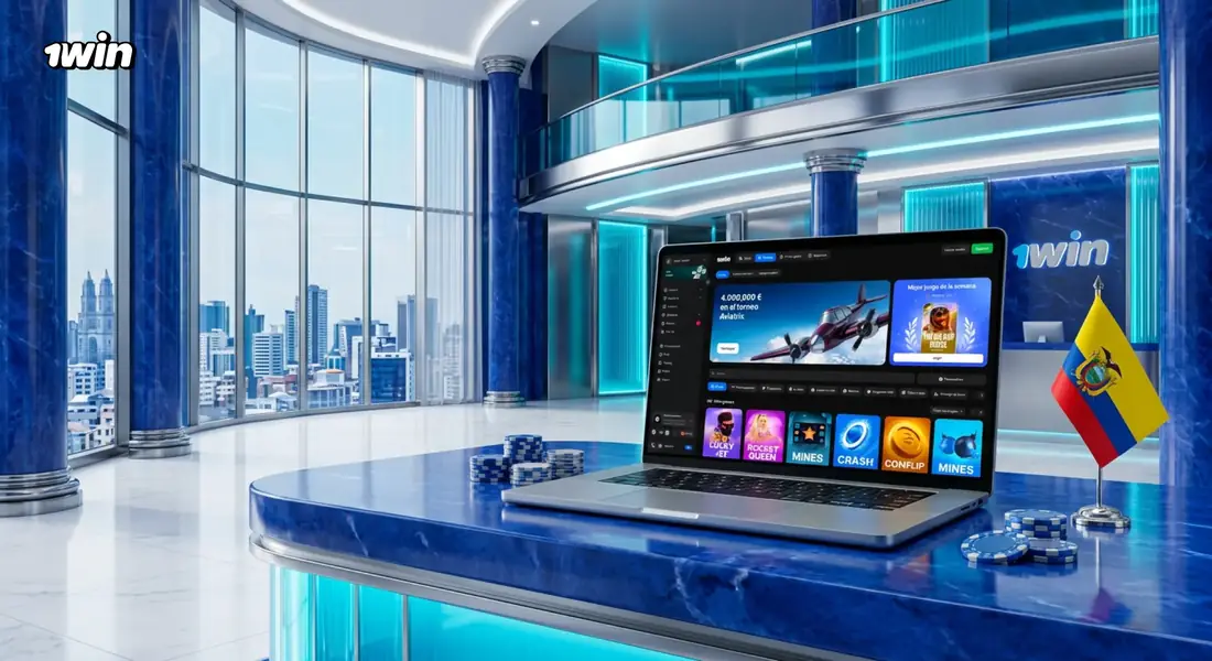 Laptop con el lobby de 1win en un salón VIP de mármol azul con fichas de casino y la bandera de Ecuador